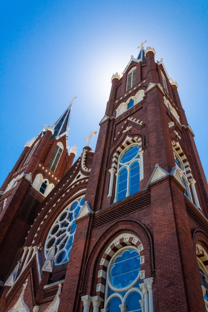 Stunning view of the St. Joseph's Catholic Church from the bottom, up