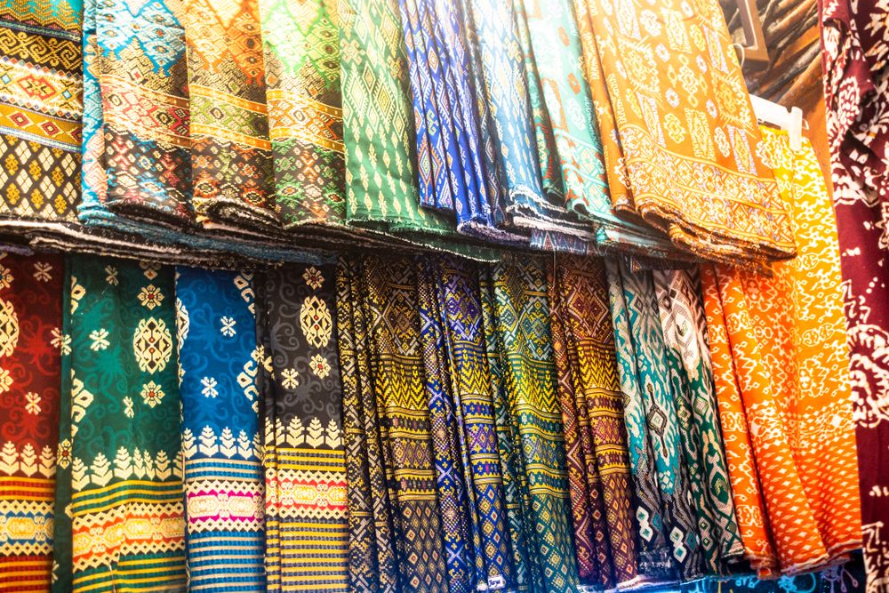 Colorful fabrics with traditional prints at Main Bazaar
