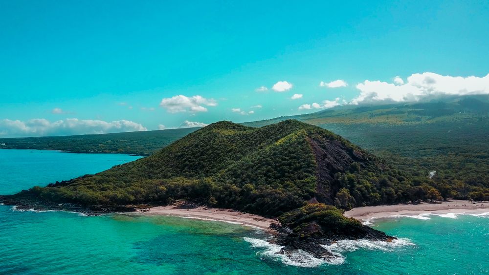 Aerial view of the Makena Beach State Park with thick row of trees and shoreline
