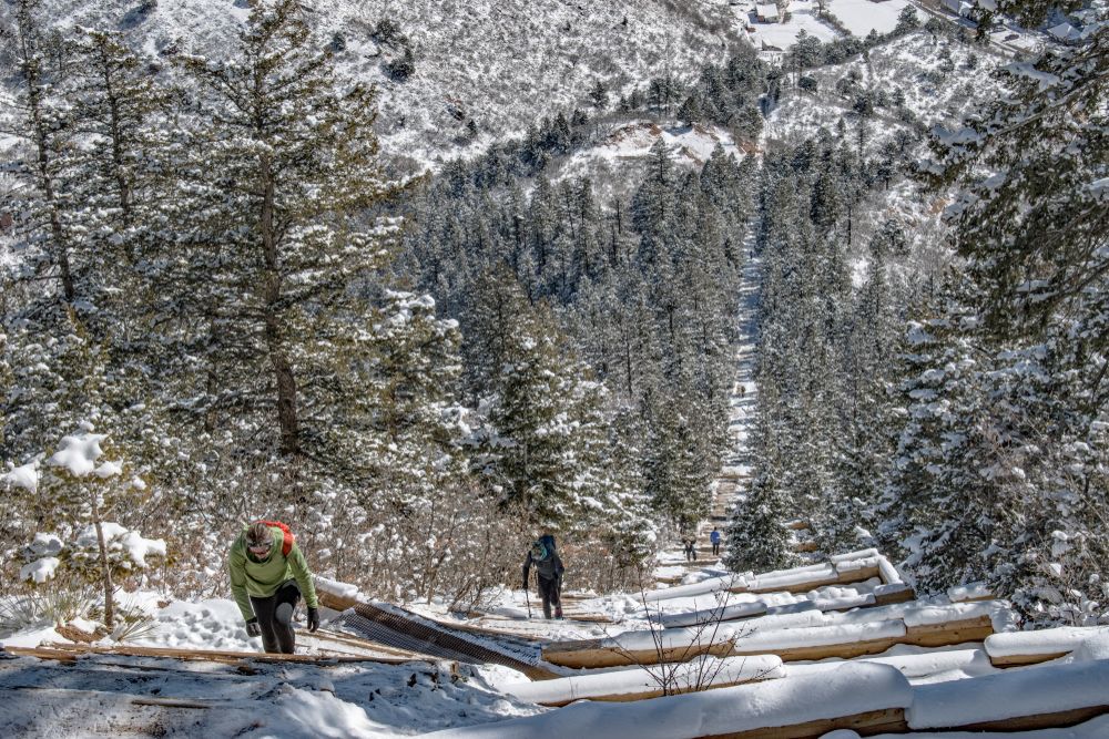 Snow covered steps at Manitou Incline