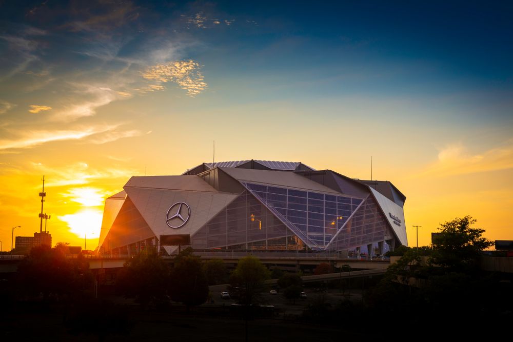 View of the Mercedes Benz Stadium during sunset