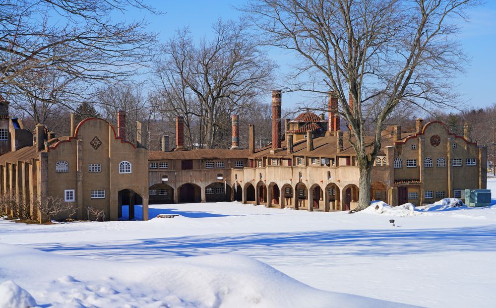 Snow-covered grounds of Moravian Pottery & Tile Works Museum