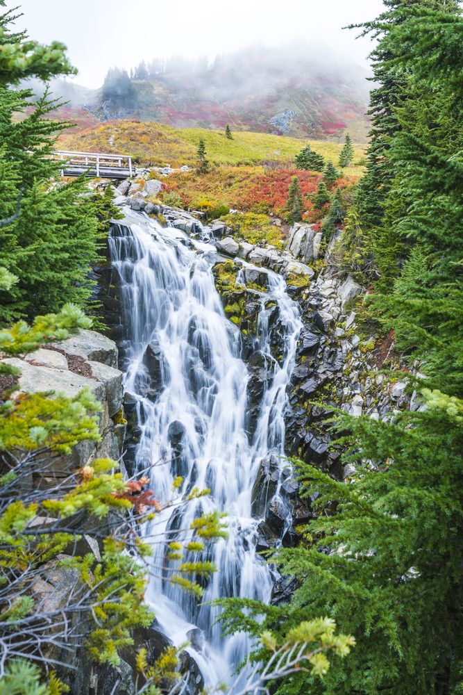 Picturesque waterfall at Mount Rainier National Park