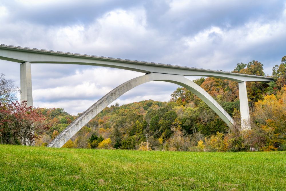 Natchez Trace Parkway with green lawn in the foreground