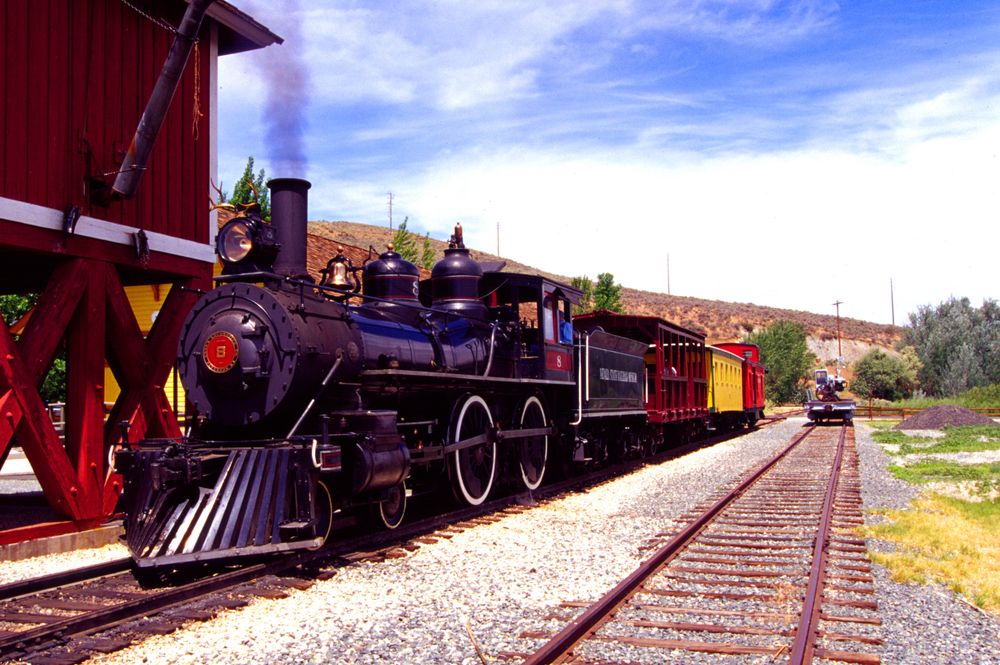 A steam train on Nevada Railway Museum's tracks