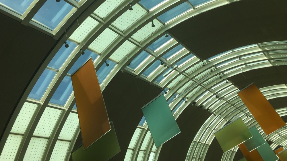 Colored panels inside the Northridge Fashion Center.in Northridge, Los Angeles