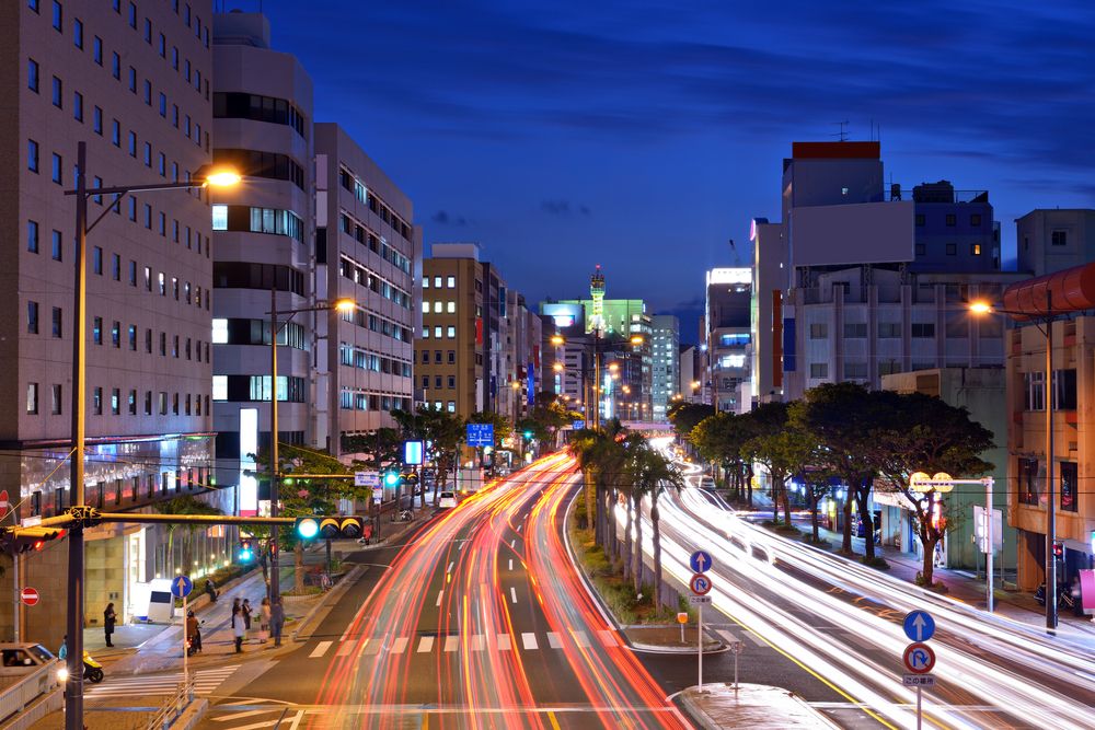 Aerial view of Okinawa Honto's road and buildings