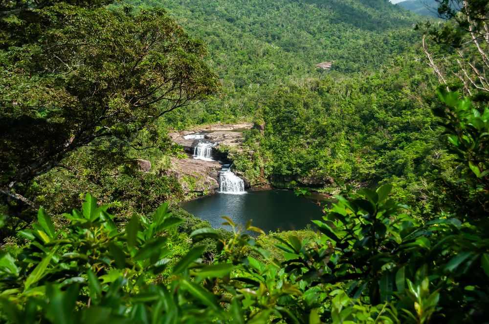 Aerial view showing Iriomote Island's waterfall