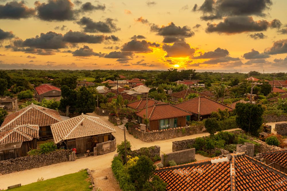 Aerial view of the beautiful village of Taketomi Island