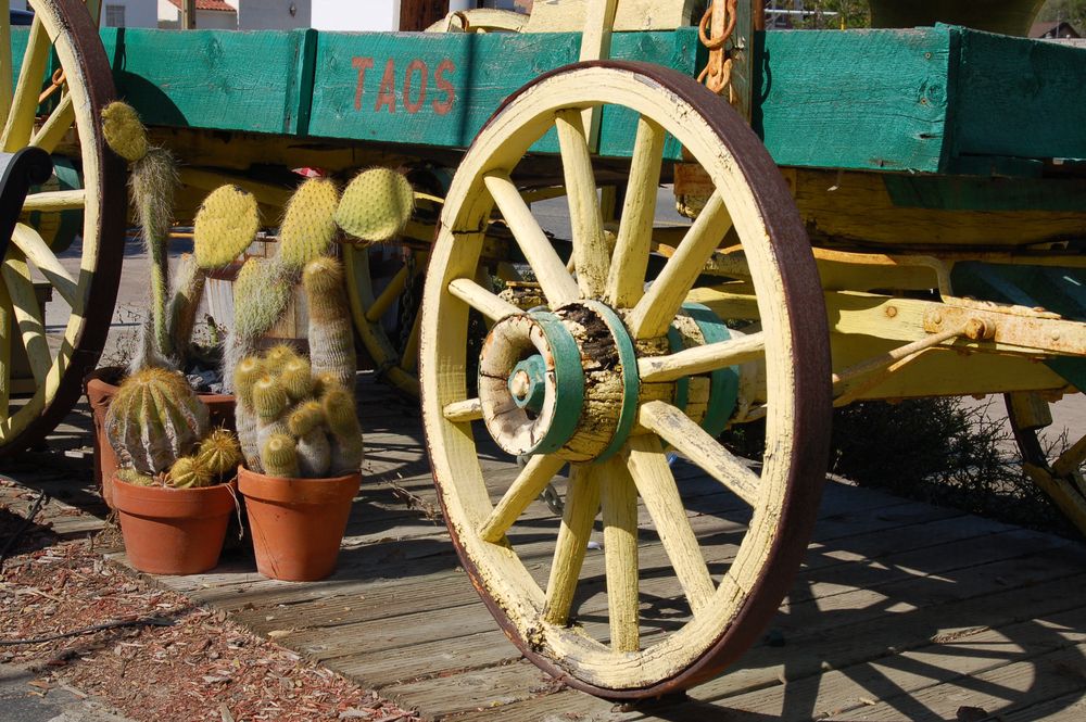 Colorful wagon used as a decor at Old Town Temecula