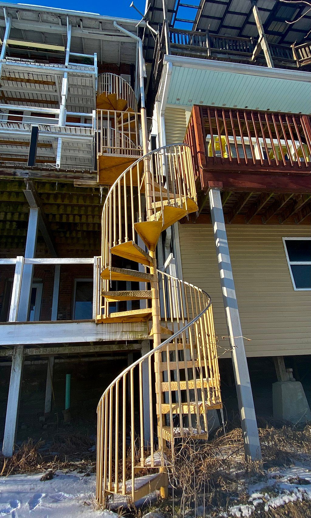 Spiral staircase on one of Owego Riverwalk's building