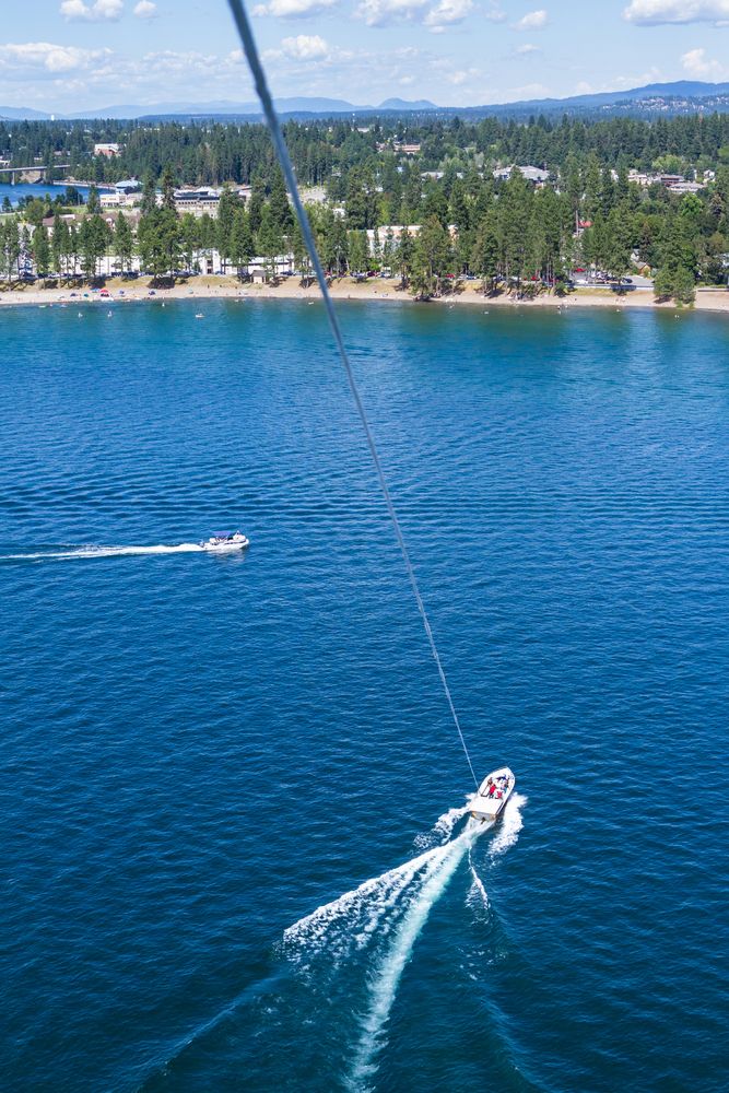 Aerial view of the river, boat and the city from parasail