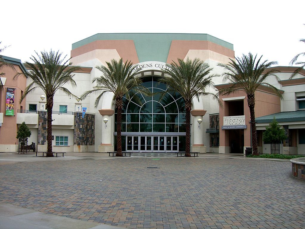 A panoramic view of Paul A. Biane Library in Victoria Gardens cultural center