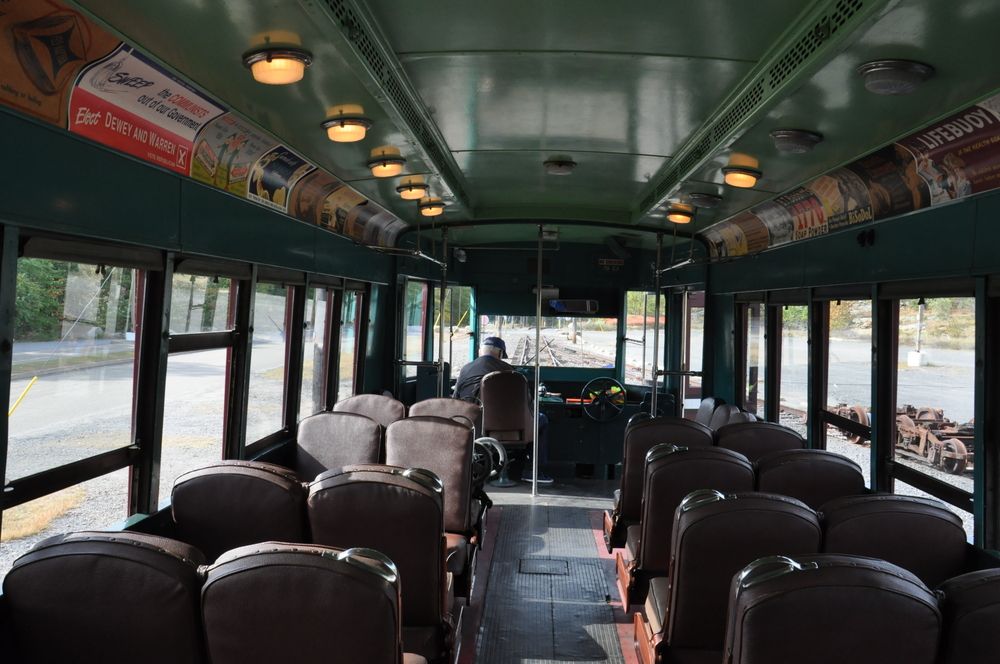 Interior view of a trolley at Pennsylvania Trolley Museum