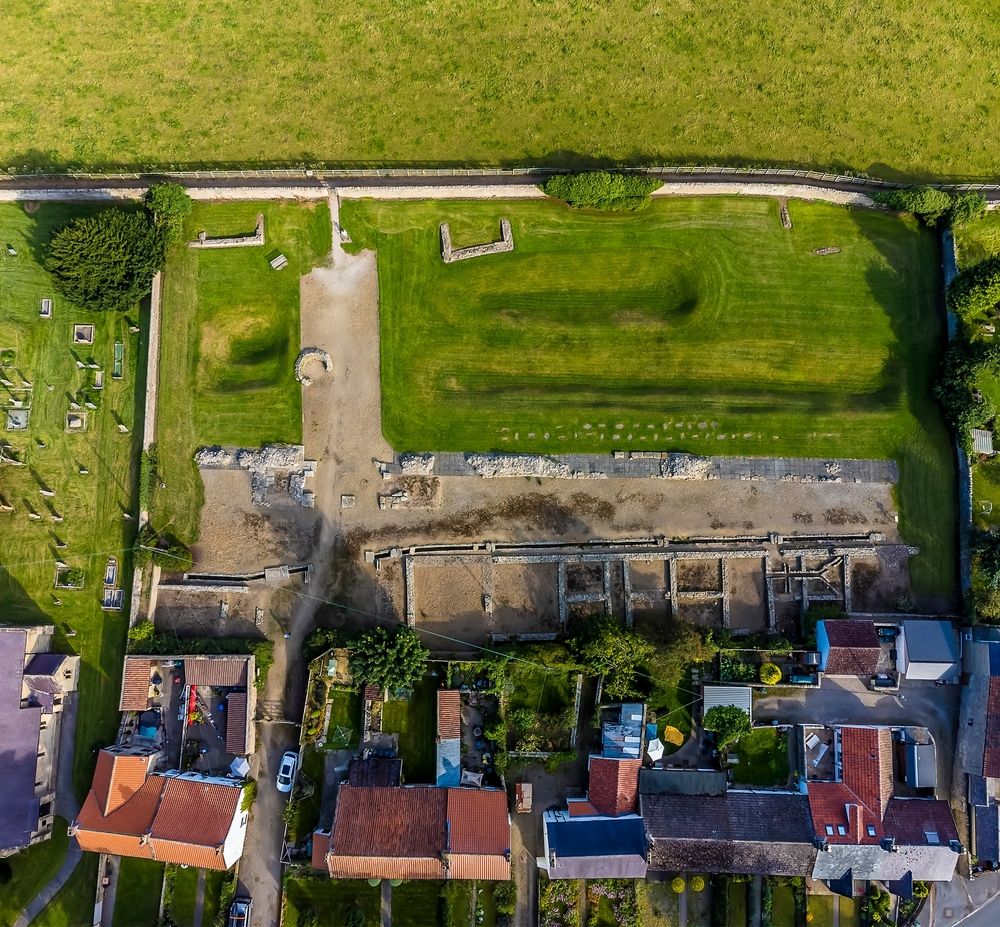 Bird's eye view of the ruins of Piercebridge Roman Fort and Bridge