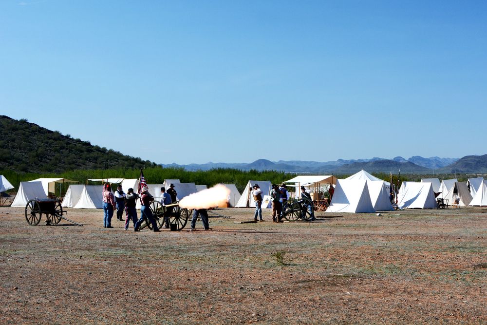 Campers firing cannon at Pioneer Arizona Living History Museum