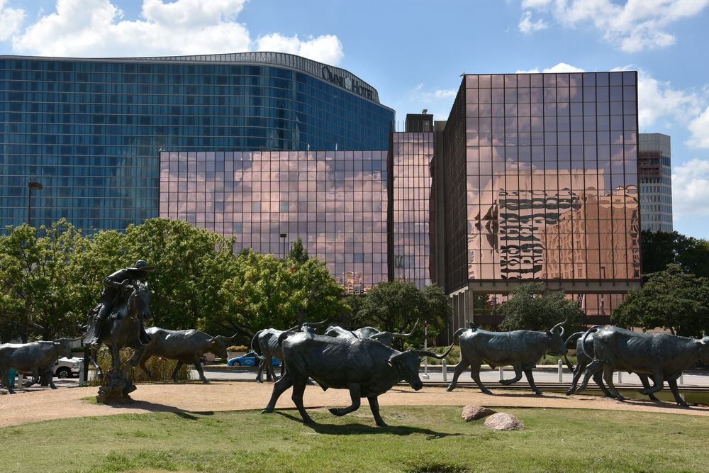 View of the statues at Pioneer Plaza