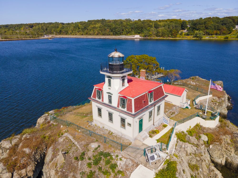 Aerial view of Pomham Rocks Lighthouse