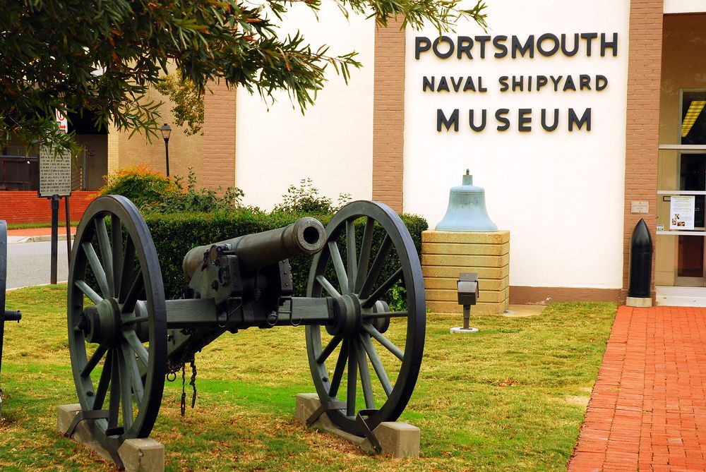 A canon display outside Portsmouth Naval Shipyard Museum
