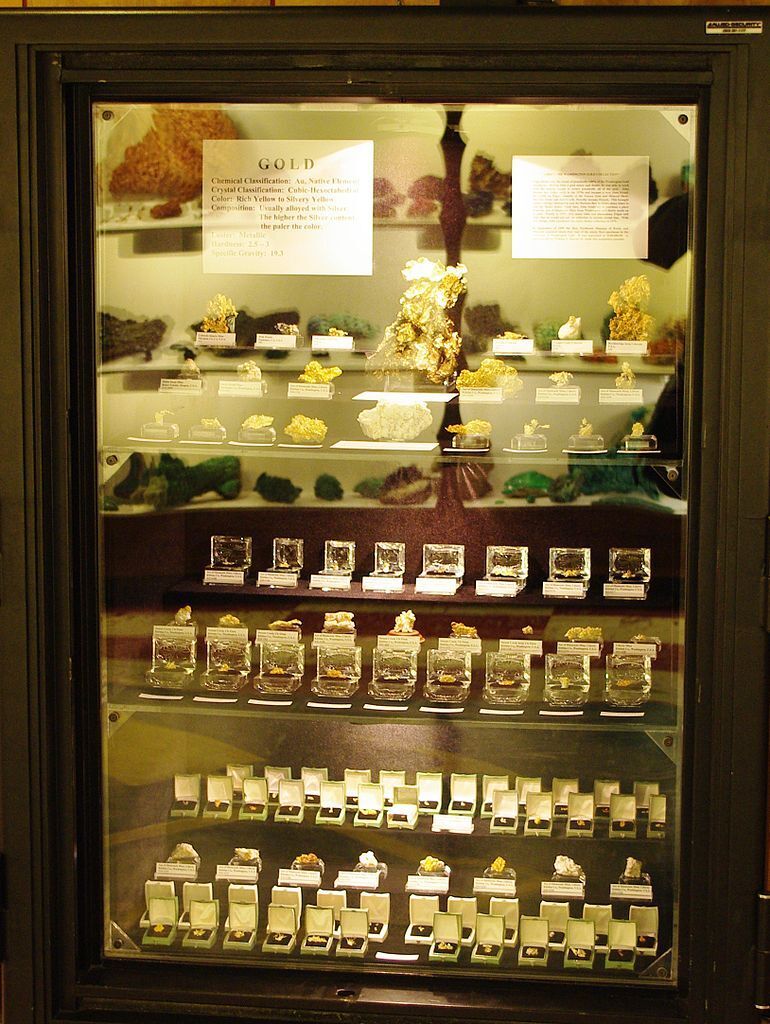 Different varities of gold kept for display at Rice Northwest Museum of Rocks and Minerals