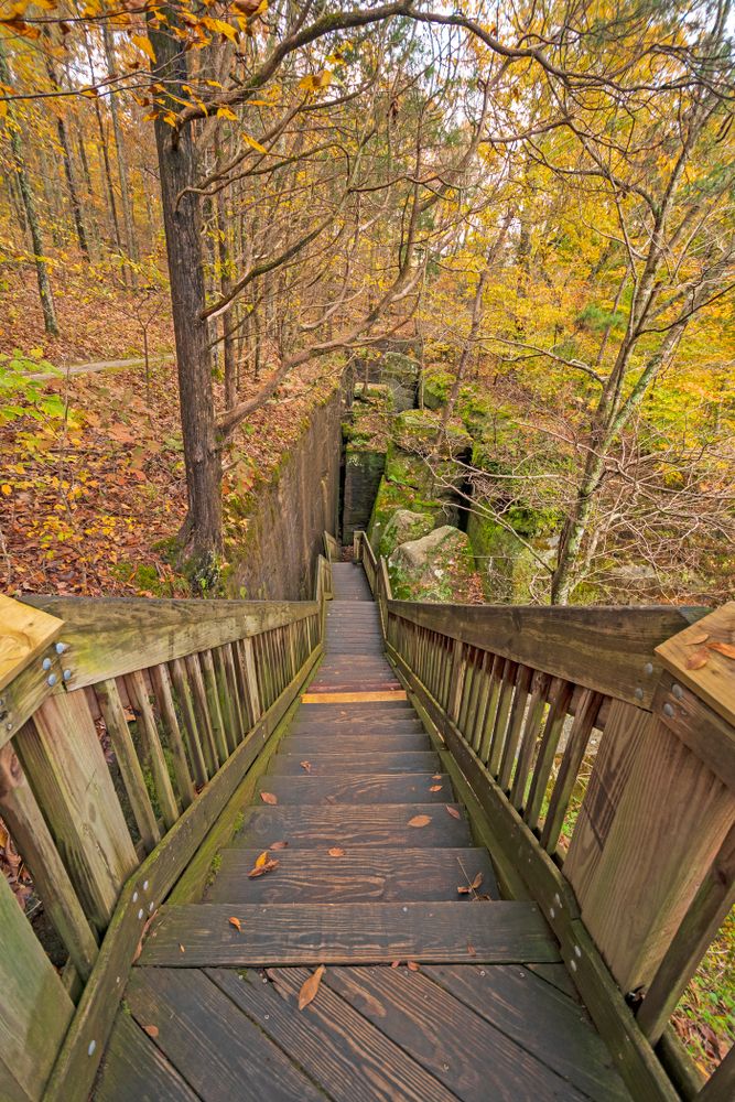 Wooden narrow stairs at Rim Rock National Recreation Trail