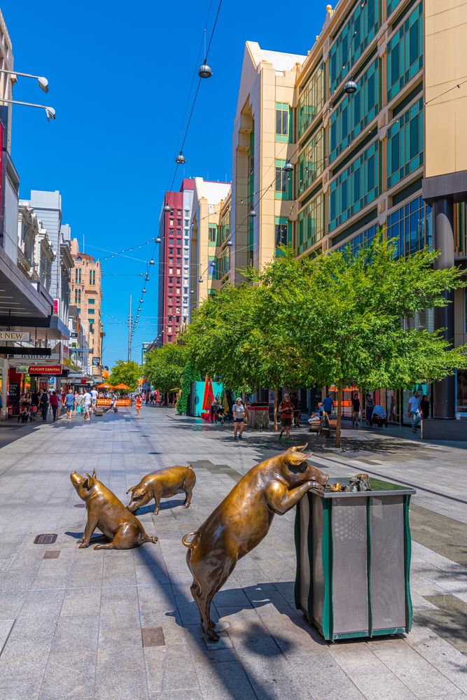 Bronze statue of pigs at Rundle Mall