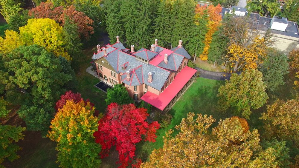 Bird's eye view of Rutherford B. Hayes house and Presidential Library and Museum in the back