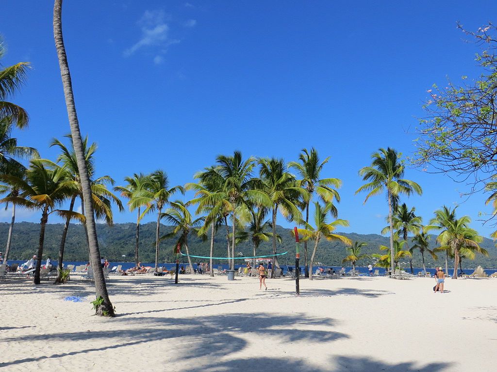 Beach volleyball court surrounded by coconut trees at Samaná Bay