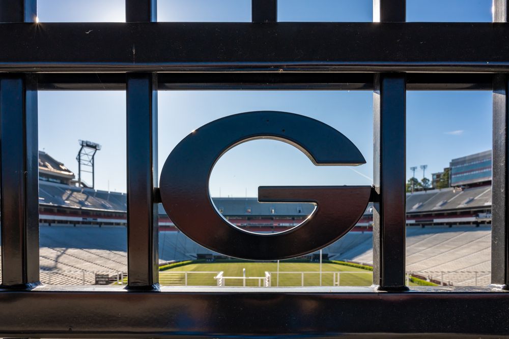Logo of Georgia in a window at Sanford Stadium which overlooks the field