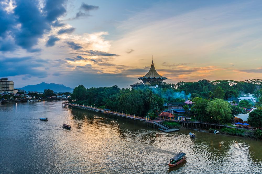 Aerial view of boats sailing at Sarawak River