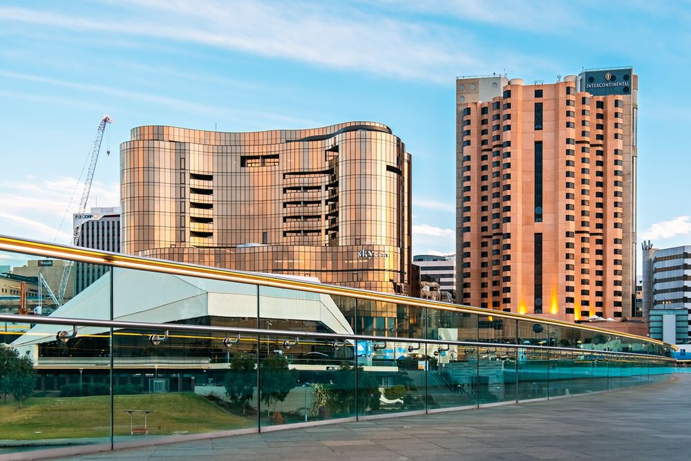 Golden SkyCity building glistening in the sun at Adelaide