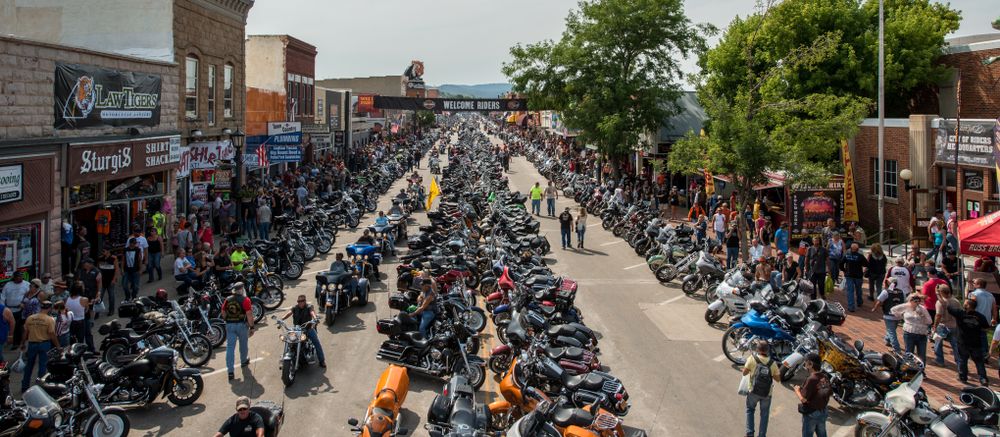 Hundreds of motorcycles lined up at Sturgis Motorcycle Rally.