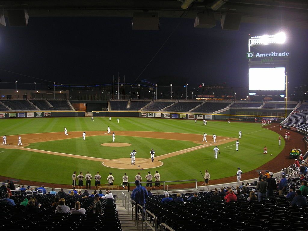 Night view of a baseball match happening at TD Ameritrade Omaha