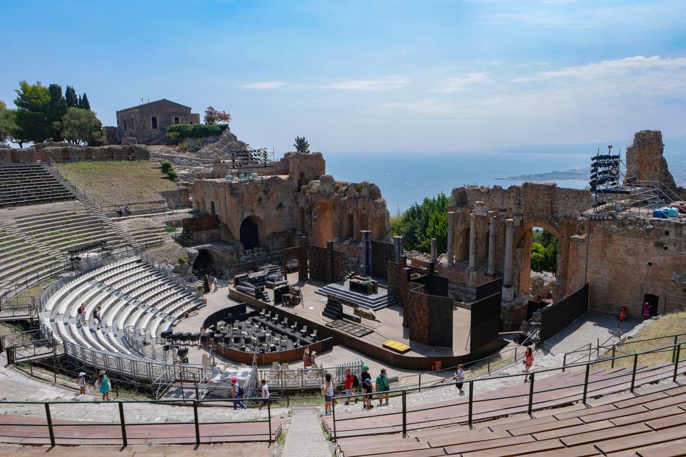 Stage being prepared for the performance at Taormina Theater