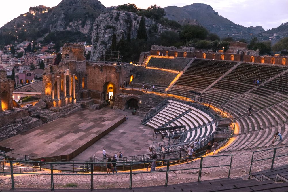 Taormina Theater lit up during night