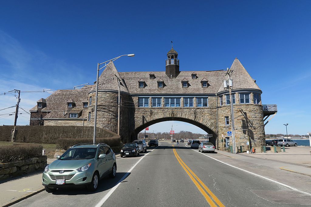 Cars passing under The Towers