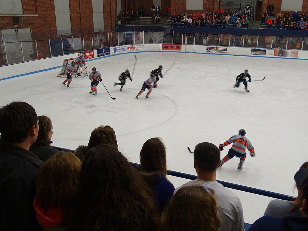 A hockey game in University of Illinois Ice Arena