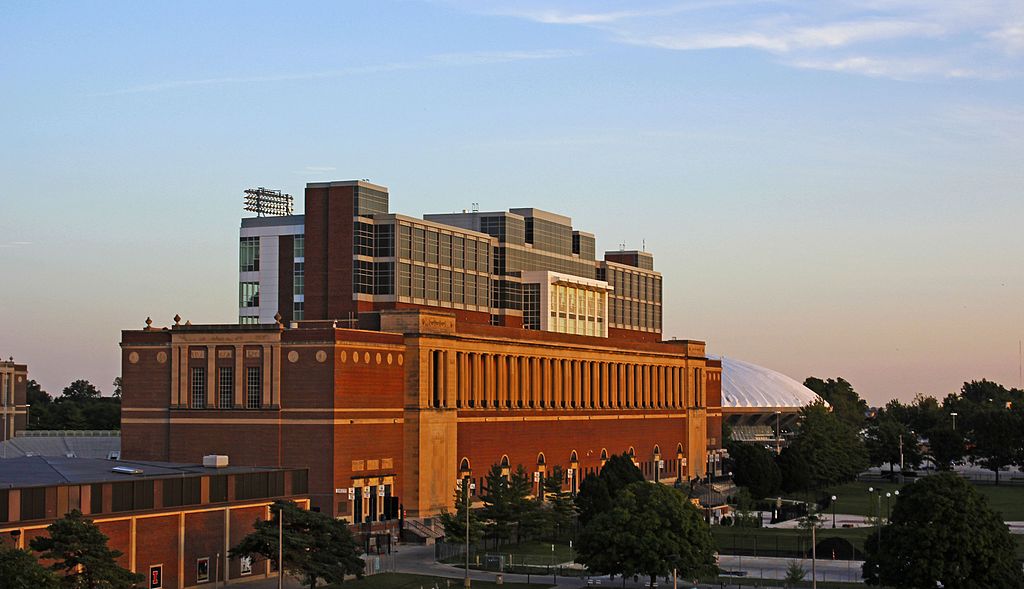 High angle view of Memorial Stadium's exterior
