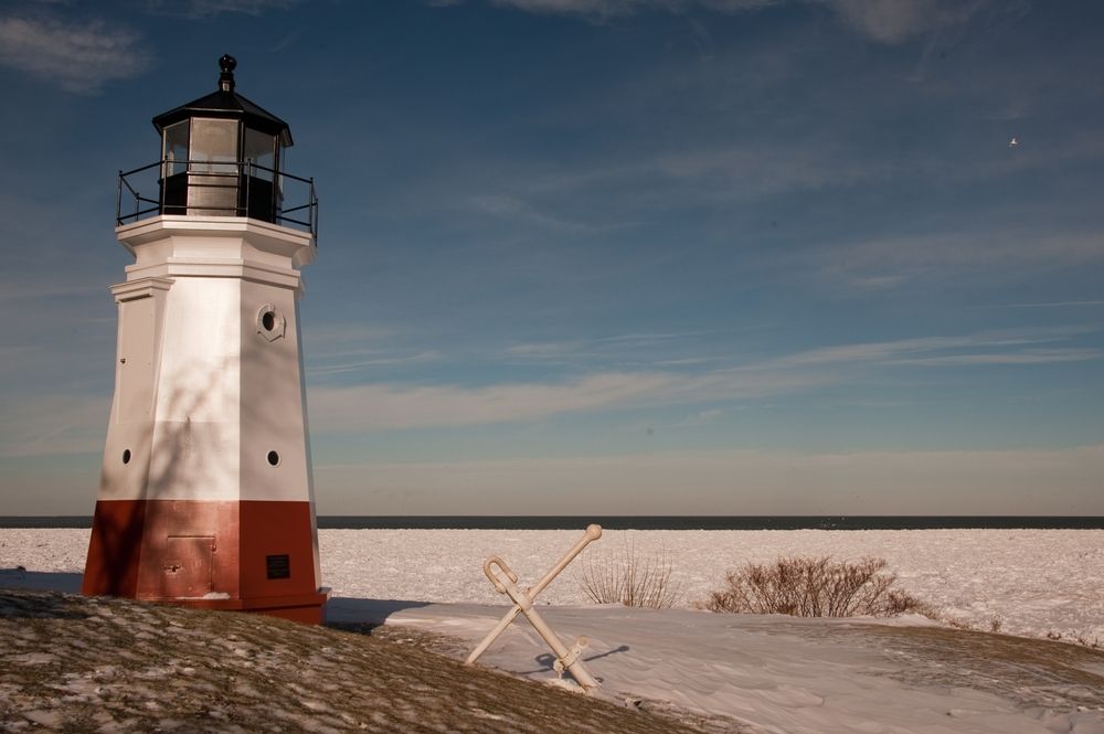 An anchor in front of the Vermilion Lighthouse