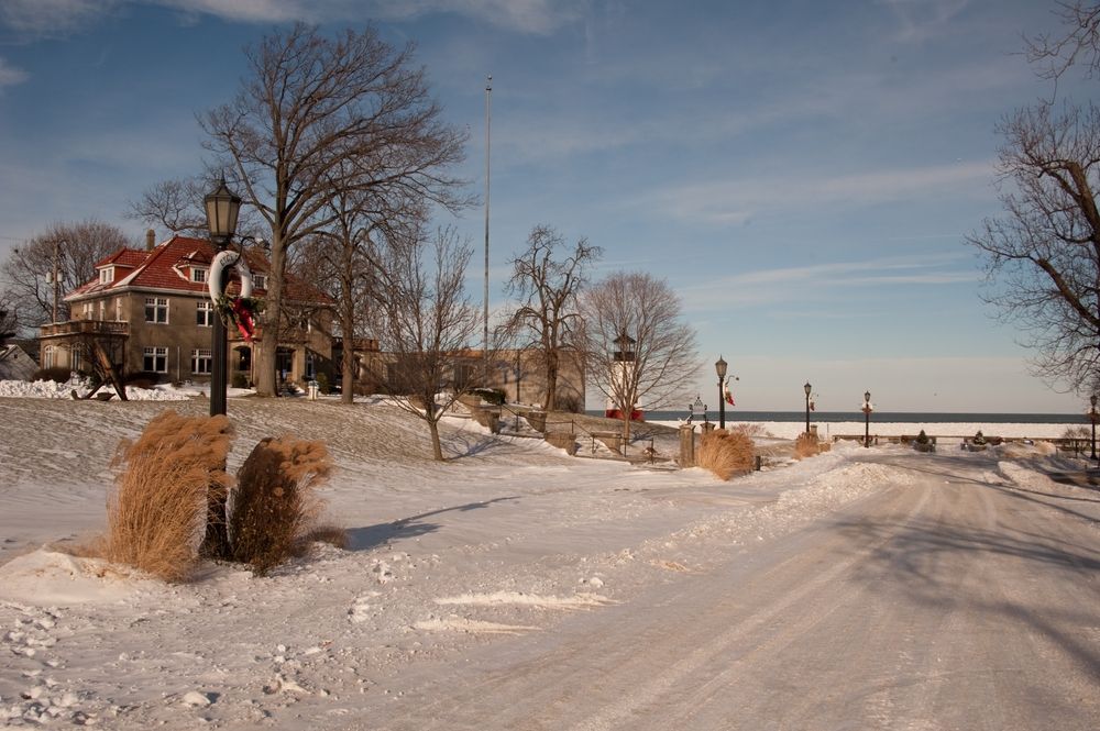 Snow covered grounds of Vermilion Lighthouse