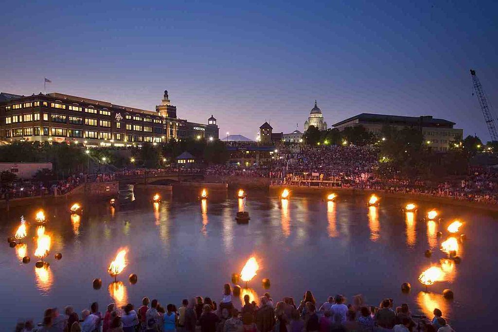 Crowd enjoying the scene of Water fire in Providence
