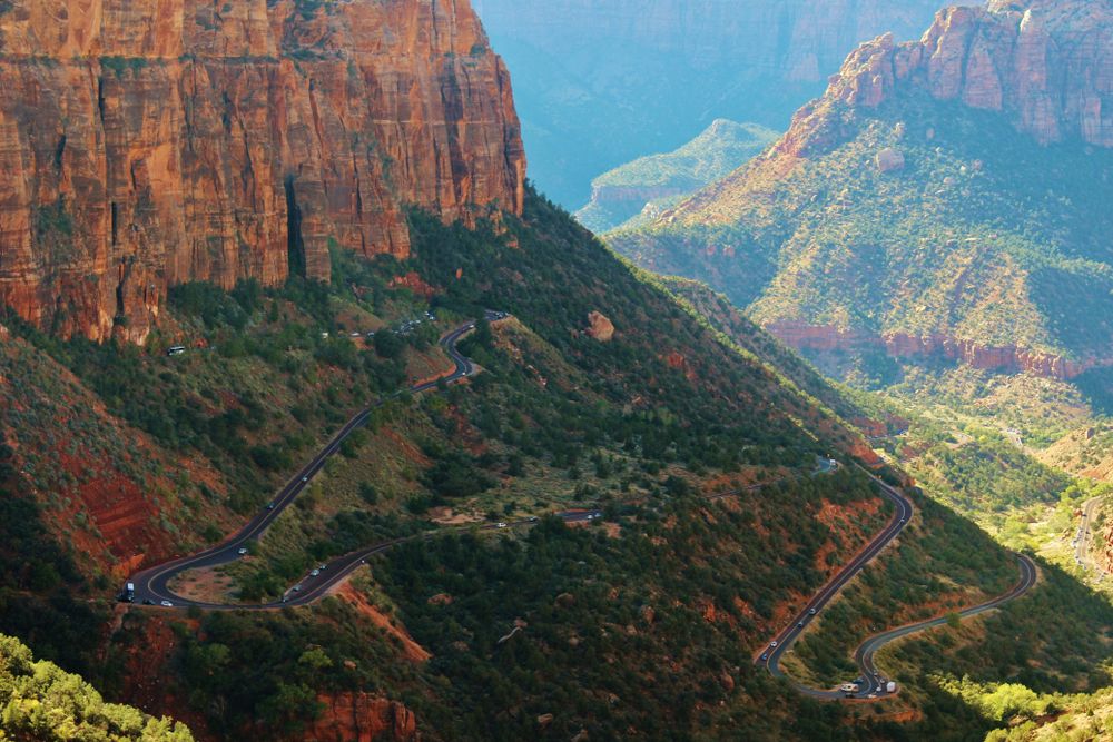 Bird's eye view of the curvy roads in Zion-Mt. Carmel Highway