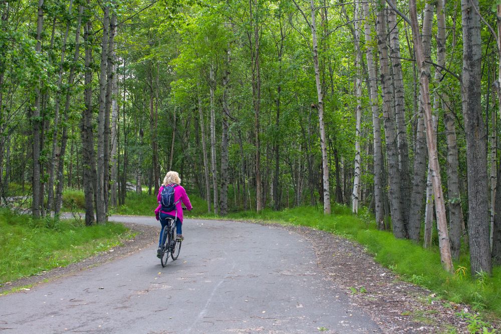 A person riding a bicycle along Tony Knowles Coastal Trail