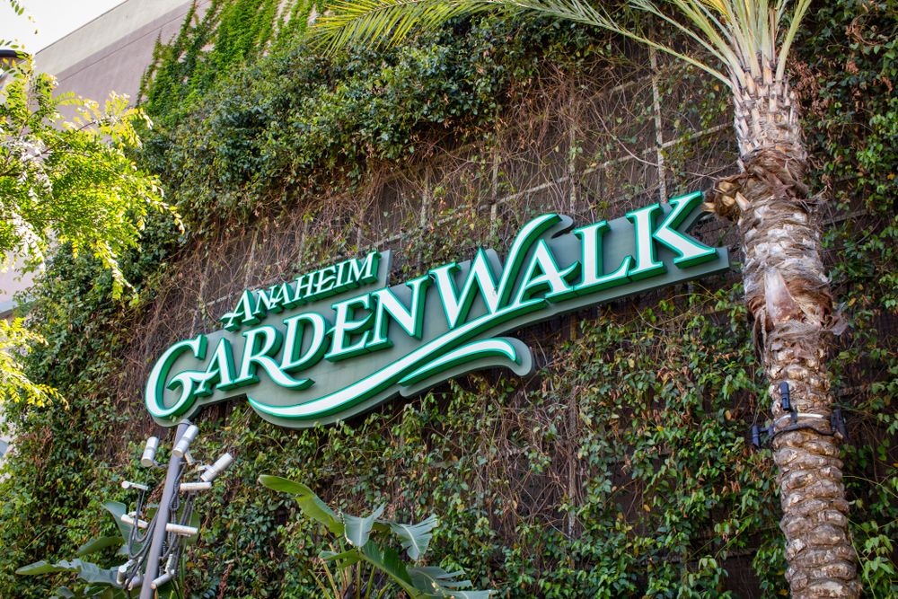 Welcome sign of Anaheim GardenWalk