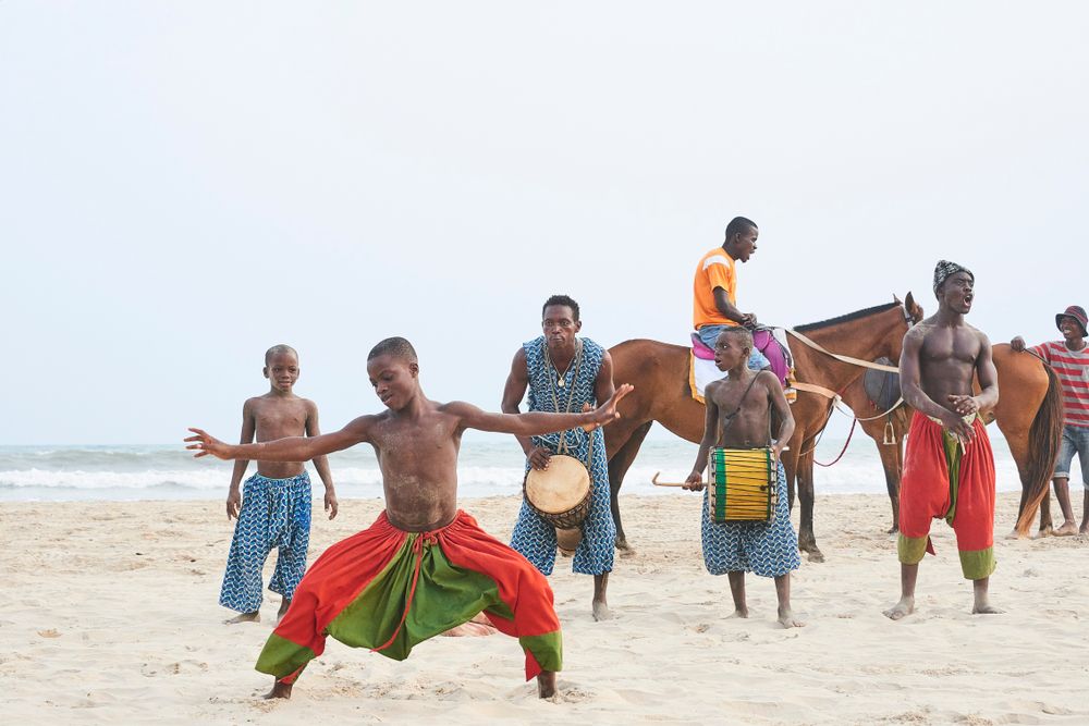 Locals play drums and traditional dance at Labadi Beach