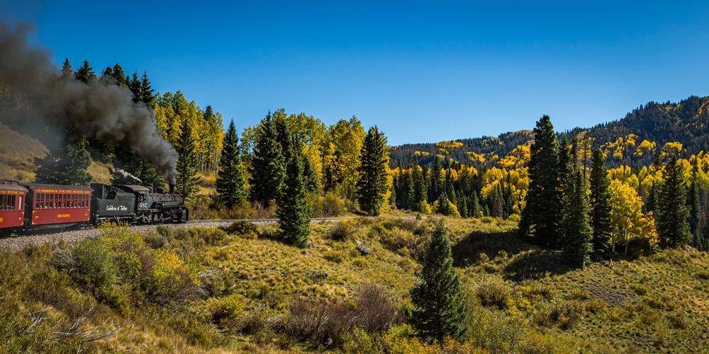Rocky mountains and trees at Cumbres & Toltec Scenic Railroad.