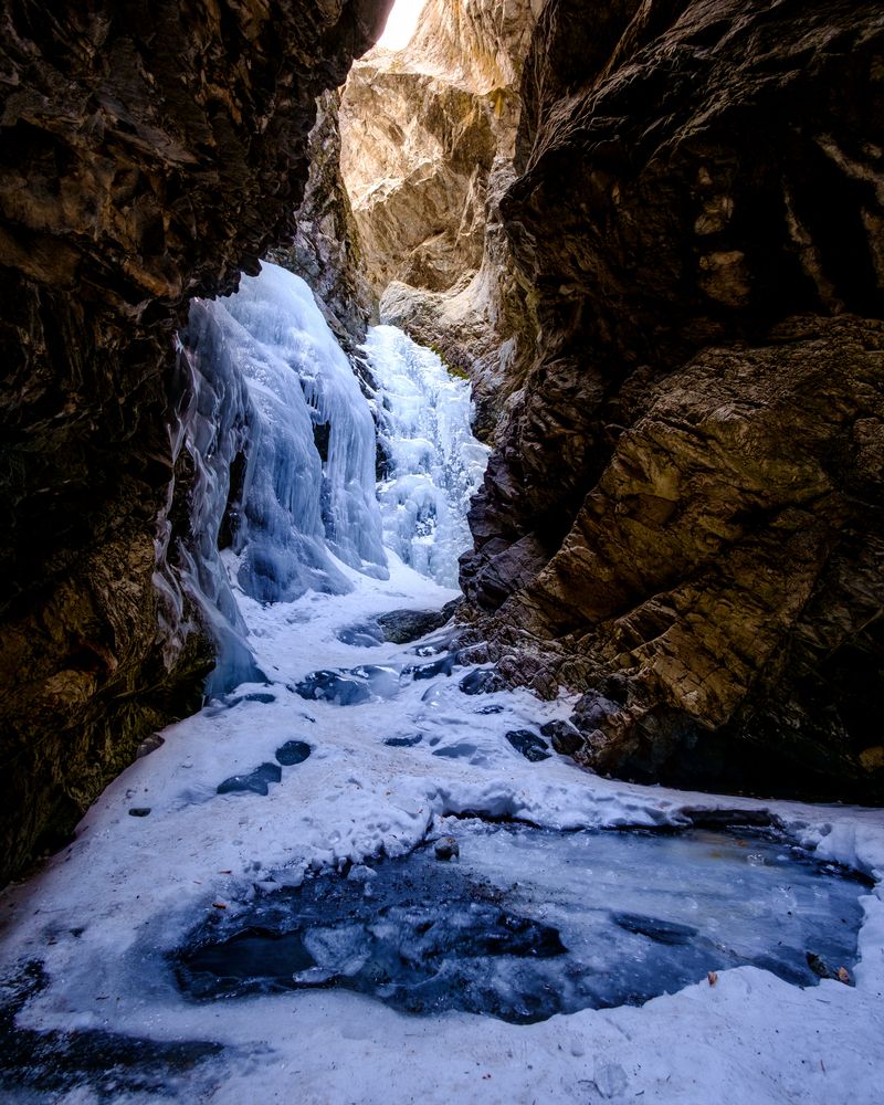 Frozen waters of Zapata Falls.