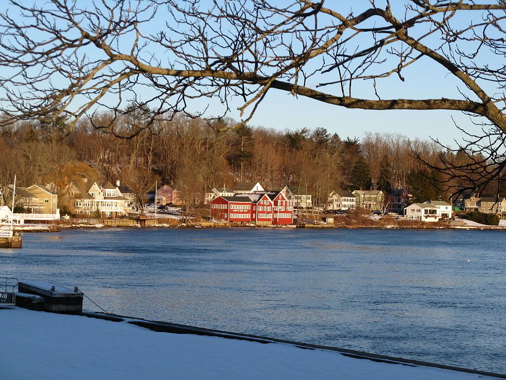 Far view of the red Lowell’s Boat Shop & Museum