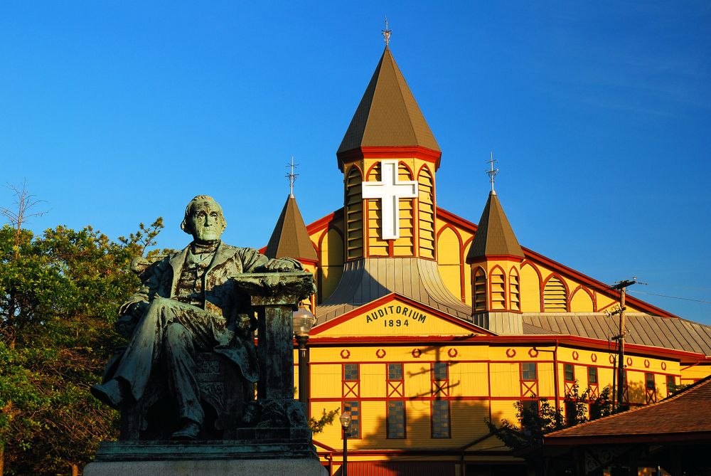 Statue of the founder of Ocean Grove in front of the Great Auditorium