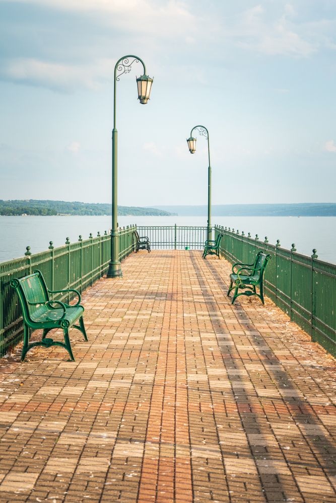 Metal benches at Emerson Park's pier